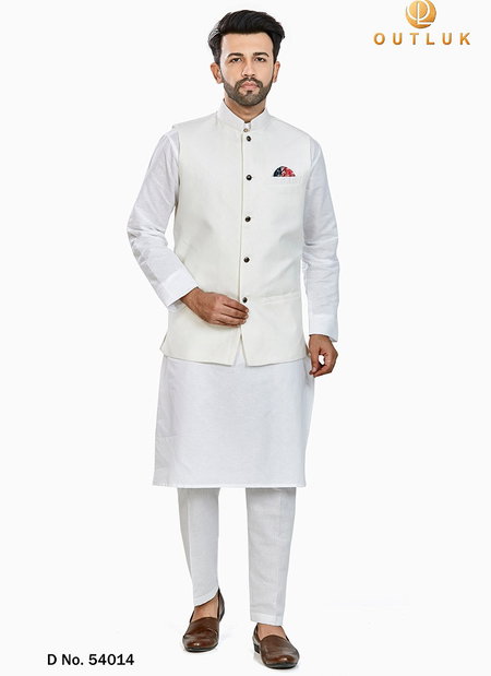 Off White Colour Outluk Vol 54 Festive Wear Linen Blend Digital Print Kurta Pajama With Jacket Mens Collection 54014